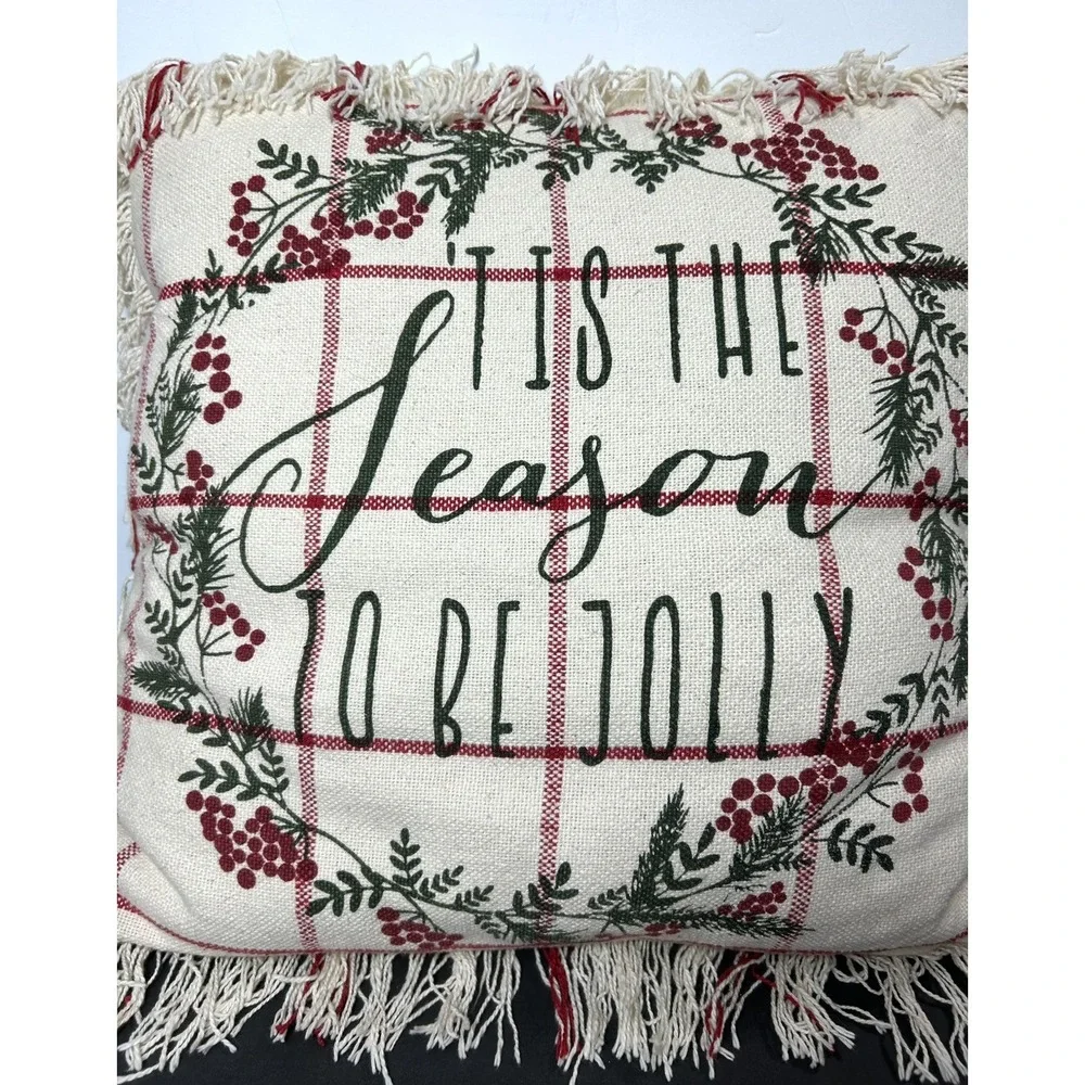 Christmas Throw Pillow Tis The Season Jolly Holly Maroon Berries ZIPS 19